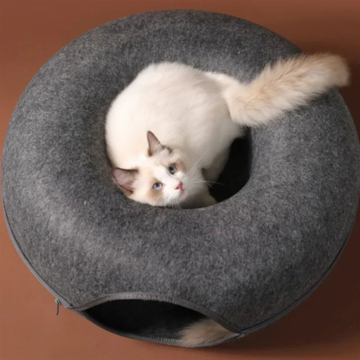 Felt Donut Cat Bed with Tunnel - 2-in-1 Interactive Hideaway for Cats