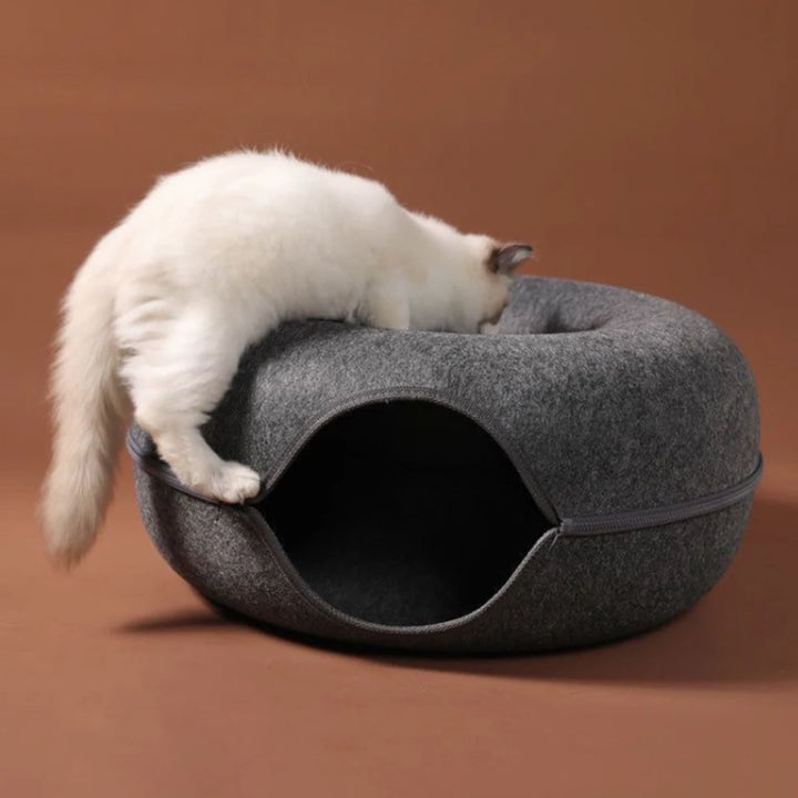 Felt Donut Cat Bed with Tunnel - 2-in-1 Interactive Hideaway for Cats