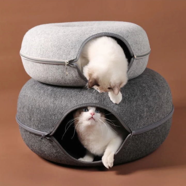 Felt Donut Cat Bed with Tunnel - 2-in-1 Interactive Hideaway for Cats