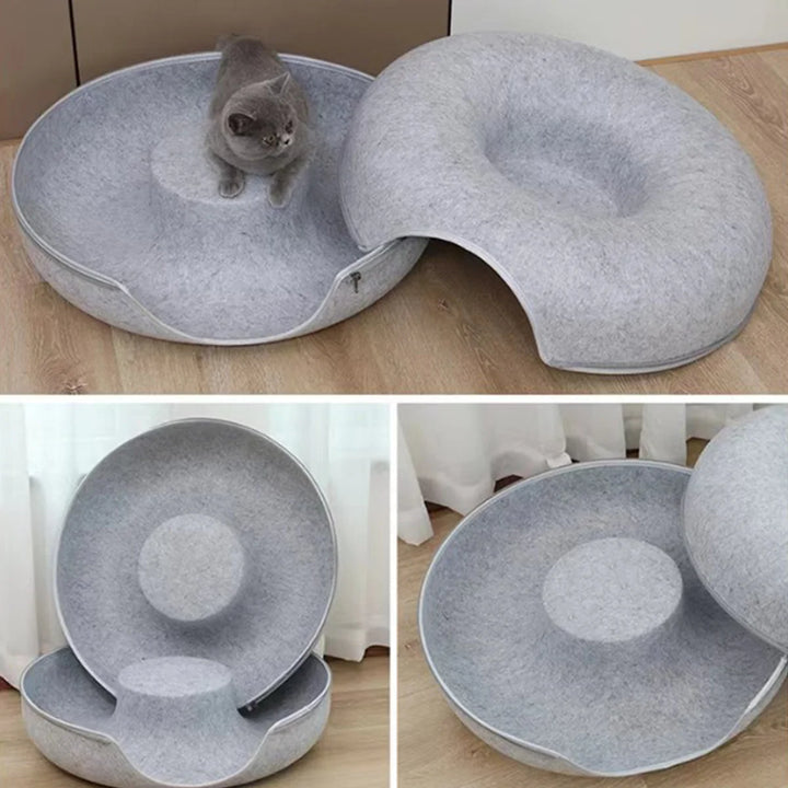 Felt Donut Cat Bed with Tunnel - 2-in-1 Interactive Hideaway for Cats