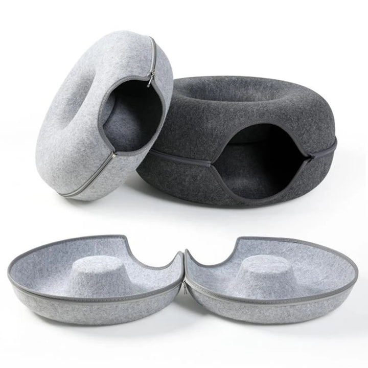 Felt Donut Cat Bed with Tunnel - 2-in-1 Interactive Hideaway for Cats