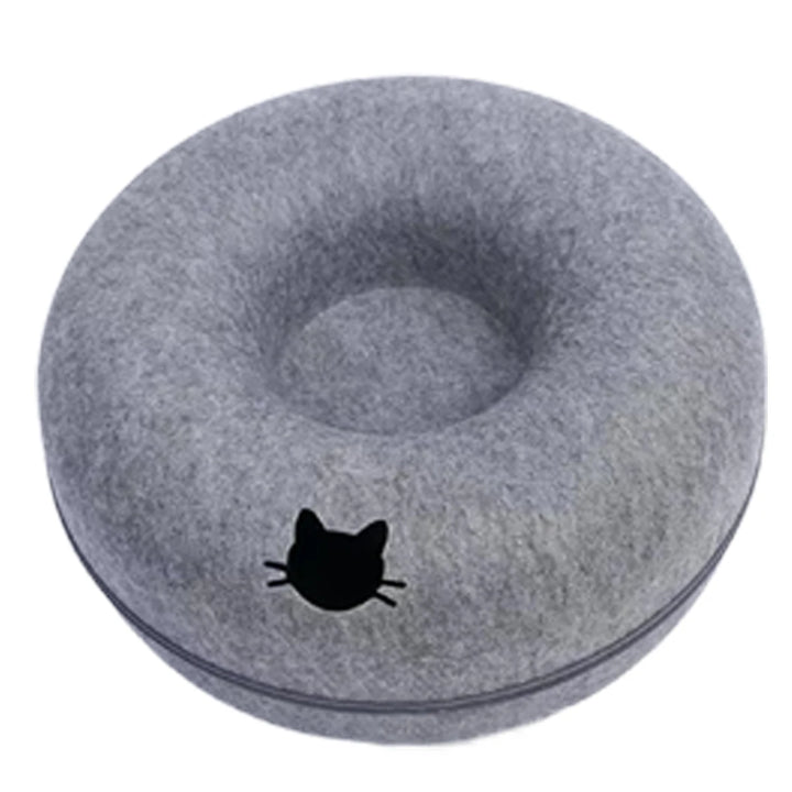 Felt Donut Cat Bed with Tunnel - 2-in-1 Interactive Hideaway for Cats