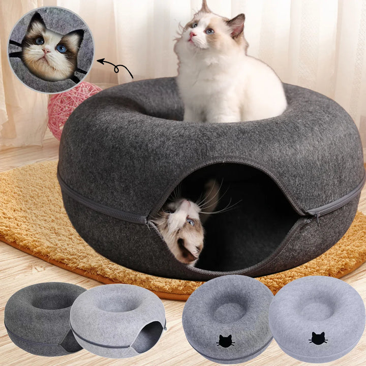 Felt Donut Cat Bed with Tunnel - 2-in-1 Interactive Hideaway for Cats