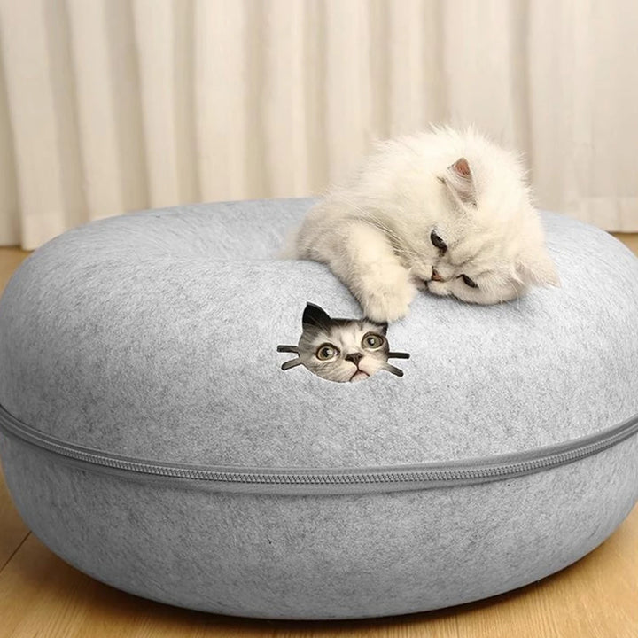 Felt Donut Cat Bed with Tunnel - 2-in-1 Interactive Hideaway for Cats