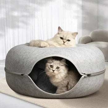 Felt Donut Cat Bed with Tunnel - 2-in-1 Interactive Hideaway for Cats